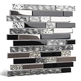 5-Sheet Glass Backsplash Tiles, 5 Square Feet Black Glass Mosaic Backsplash Subway Metal Tile for Kitchen Wall Bathroom