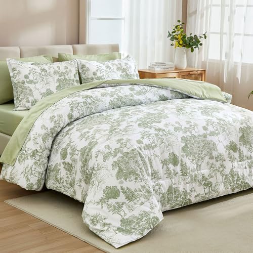 Image of DJY Full Size Comforter Sets, Sage Green 7 Pieces Bed in a Bag Full Botanical Comforters with Sheets Elegant Plants Print Soft Microfiber Reversible Complete Bedding Sets for All Season