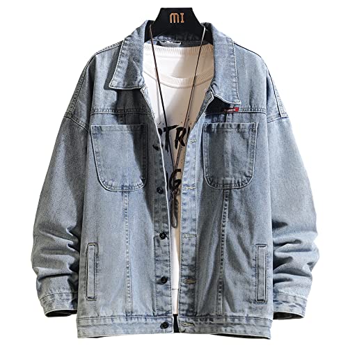 Image of DOSLAVIDA Men's Distressed Denim Jacket Unisex Button Down Jean Coat Casual Long Sleeve Trucker Hooded Jackets Outwear