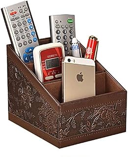 LINPOZONE 3 Slot Compartments Multifunctional PU Leather Desktop Storage Office Desktop Organizer Remote Control Holder (Brown, Medium)