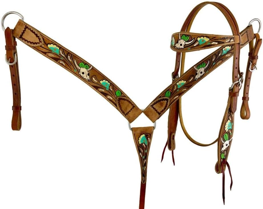 Showman Hand Painted Skull, Flower & Cactus Headstall & Breast Collar Set w/Reins