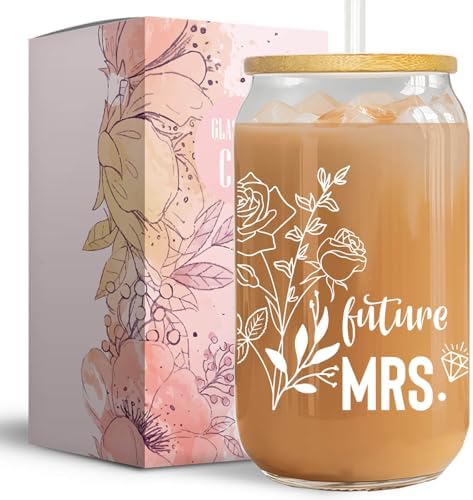 Future Mrs Glass Cup - Engagement Gifts for Couples Brides Women - Bride to Be Bridal Shower Gifts Engagement Party Decorations- 16 Oz Glass Coffee Cup