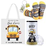 Sieral 4 Pcs School Bus Driver Appreciation Gifts for Women Men 12 oz Stainless Steel 4 in 1 Design Bus Driver Tumbler Cup and Lids Funny Bus Driver Canvas Bag Bus Driver Keychain Bus Driver Socks