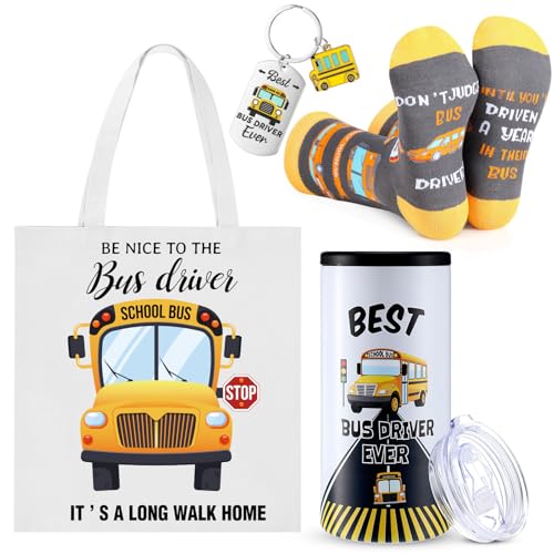 Sieral 4 Pcs School Bus Driver Appreciation Gifts for Women Men 12 oz Stainless Steel 4 in 1 Design Bus Driver Tumbler Cup and Lids Funny Bus Driver Canvas Bag Bus Driver Keychain Bus Driver Socks