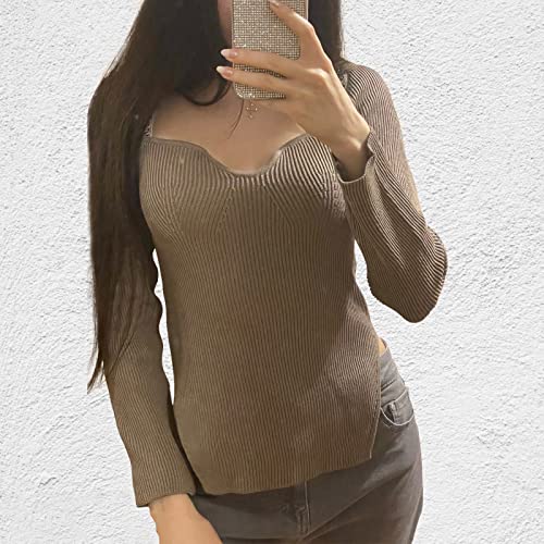 Image of Women's Square Neck Ribbed Knitted Sweater Long Sleeve Crop Slim Fitted Basic Pullover Tops