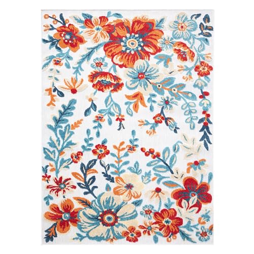 Towncountryeverydayhibiscusbloommodernfloralindooroutdoorarearuguvfaderesistanthighlowpileivoryredblue52x72  Urban Country Home Decor Town country everyday hibiscus bloom modern floral indoor outdoor area rug uv fade resistant high low pile ivoryredblue 52×72  urban country home decor