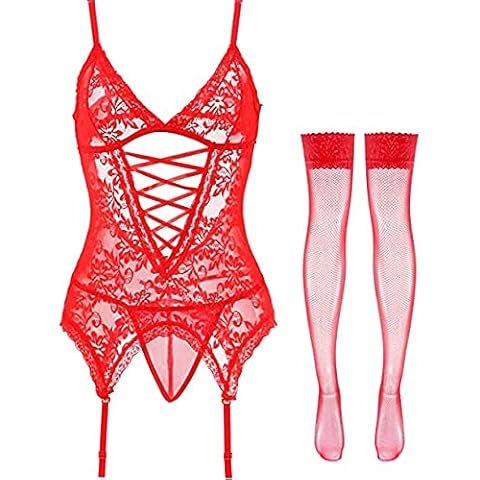 VicSec Sexy Bodysuit Set with Suspenders Stockings and Wristband Women Lace Lingerie Teddy Set Garter Belt Cosplay Costume Red Cover