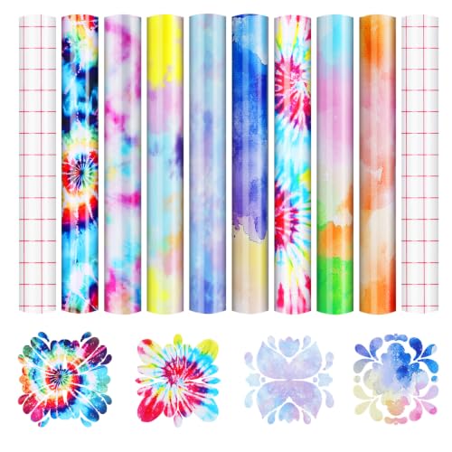 Image of HTVRONT Tie Dye Permanent Vinyl 8 Sheets 12 inchx10 inch Patterned Adhesive Vinyl | Watercolor Swirl Rainbow Pattern, Waterproof, Easy Cut & Weed, with 2 Transfer Tape for All Cutting Machine