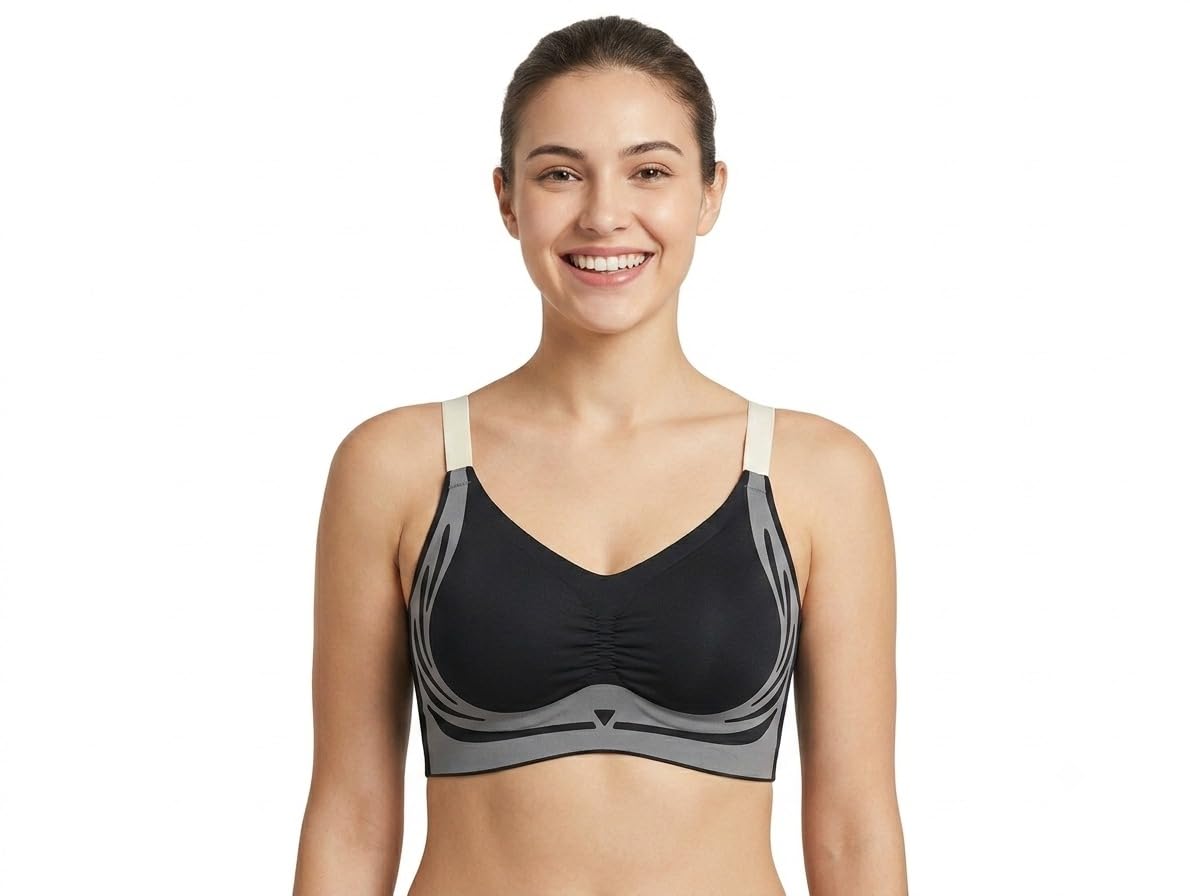Women's Wireless Sports Bra, Black with Grey Panel Design-picture-14