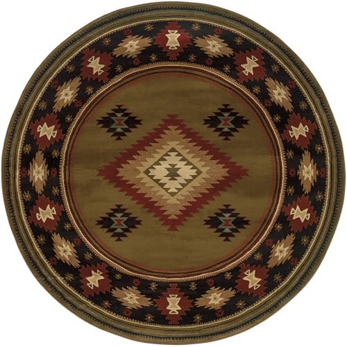 Oriental Weavers Hudson Area Rug - 087J1-7'8" Round - in Green/Red - Southwestern Lodge Style, Stain Resistant, Family and Pet Friendly, Dining Room Rug