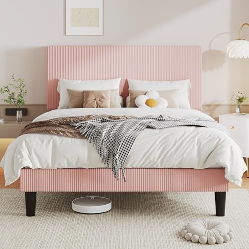 Image of Allewie Queen Bed Frame, Corduroy Tufted Headboard, Light Pink | Soft Corduroy Fabric, Adjustable Headboard, 900 lb Capacity, Wooden Slats, No Box Spring Needed, Easy Assembly