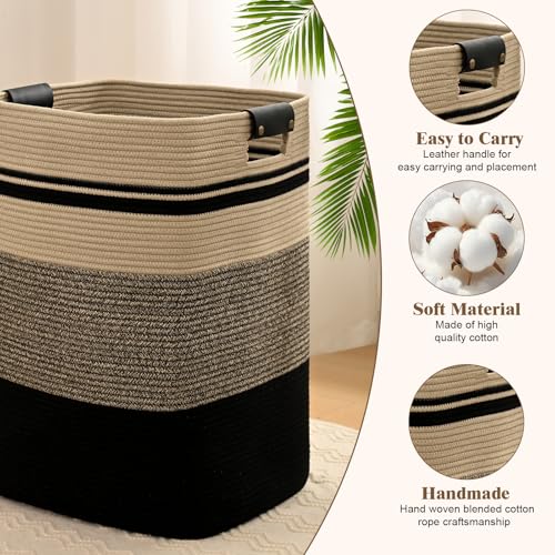 Image of Laundry Hamper, 95L Tall Laundry Basket with Leather Handles, Rectangle Large Clothes Hamper for Organizing, Cotton Woven Laundry Baskets Storage Hampers for Bedroom, Nursery, Living Room