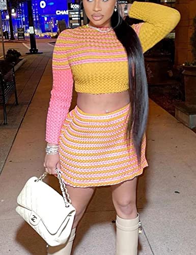 Laximu Women's 2 Piece Outfits Long Sleeve Splicing Leisure Stripe Suits Crop Top Bodycon Sweater Mini Skirt Set Yellow #TOP1