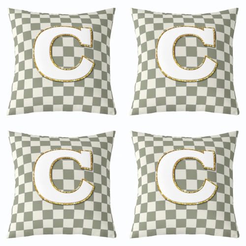 Image of Erosebridal Sage Green Checkered Throw Pillow Covers 16x16 Set of 2 Plaid Initial C Pillow Covers Personalized Monogram Cushion Cover Fashion Grids Gingham Pillow Cases for Couch Sofa