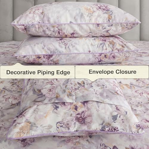 Image of Purple Floral Queen Sheet Set 100% Cotton, Butterfly Patterned Vintage Percale Bed Sheets, Shabby Chic Luxury Toile Bedding, Deep Pocket Crisp Soft Farmhouse Flower Fitted Sheet 4Pcs