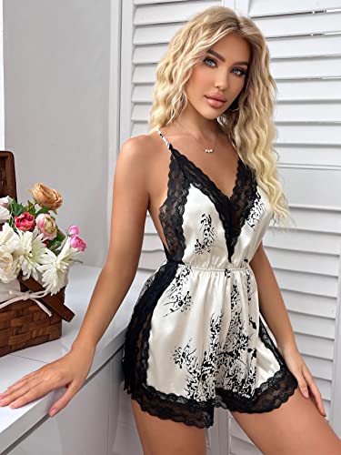 Verdusa Women's Floral Print Night Romper Lace Trim High Cut Lingerie Chemise Nightgown Champagne S #TOP4