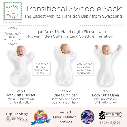 Image of SwaddleDesigns Transitional Swaddle Sack, Arms Up Half-Length Sleeves & Mitten Cuffs, Swaddle for Newborn Transition to Baby Sleep Sack Wearable Blanket, Medium, 3-6 Month, 14-21 lb, Sterling Dots