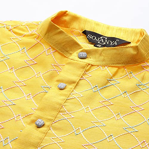 Image of SOJANYA, Men's Silk Blend NavyBlue Kurta with Multi Color Embroidery and Off-White Pyjama
