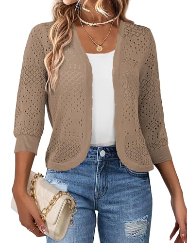 Image of REDHOTYPE Women's 3 /4 Sleeve Cardigan Open Front Cropped Shrugs Summer Hollowed Lightweight Cardigans Sweater (S-XL)