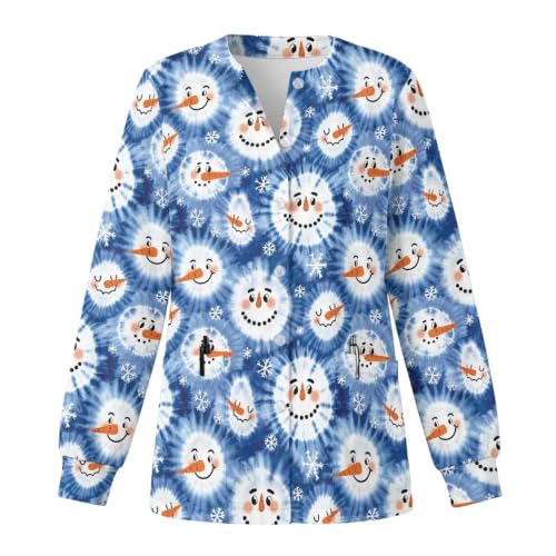 Xarleslyna Women's Cute Snowman Print Long Sleeve Scrub Jackets