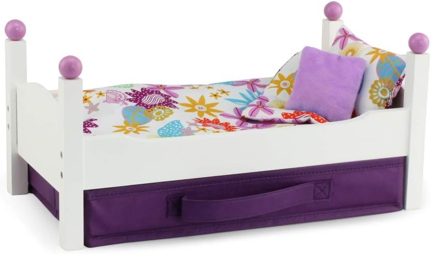 Emily Rose14 Inch Doll Furniture | Classic White Single Stackable 14.5" Doll Bed Gift Set, Includes of Colorful 4 Piece Bedding | Fits Most 14"-15" Dolls