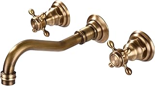 Wall Mounted Basin Taps, Basin Mixer Tap Hot & Cold, Cross Handles Brass Bathroom Faucet, Three-Hole Wall-Mounted Basin Faucet, Antique