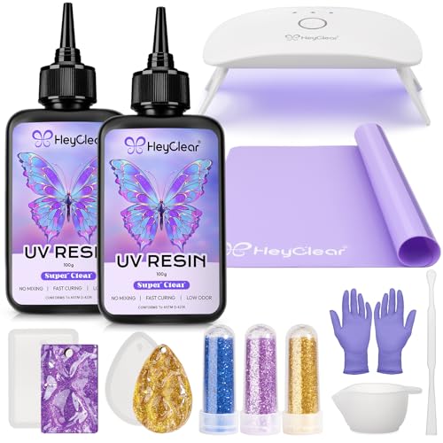 HeyClear UV Resin Kit with Light Molds 200g Clear UV Epoxy Cure for Crafts