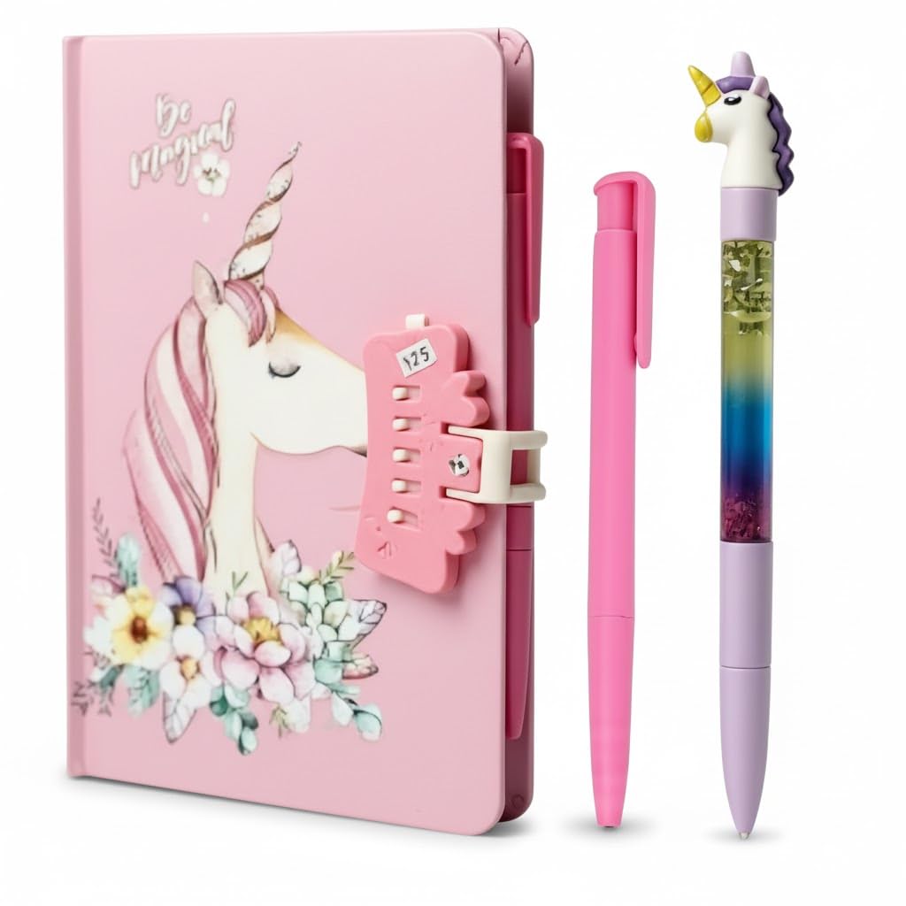 SHREE TECHNESH® Unicorn Password Lock Diary with Unicorn Shape Pen for Girls (1 Diary, 2 Pens) | Password Lock Dairy | (19X13.5X1 cm)