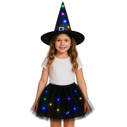 Fantasia De Bruxa Infantil Com Saia Tule LED e Chapéu Iluminado Halloween, Dia Das Bruxas