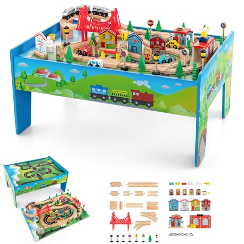 RELAX4LIFE Mesa de Actividades de Tren de Madera con 84 Accesorios, Tablero Reversible y Desmontable, Cajón de Almacenamiento Grande, Estación de Transporte para Niños 3 + Años (Multicolor)