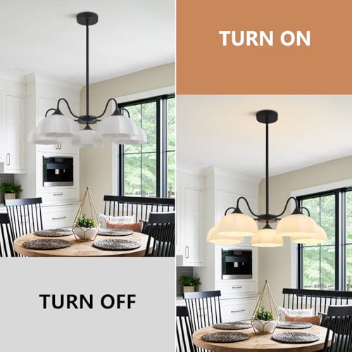 Image of Vintage Black Sputnik Chandelier 5-Light Metal Semi Flush Mount Chandelier Fixture with White Dome Glass Shade Modern Ceiling Pendant Lights for Living Room Bedroom