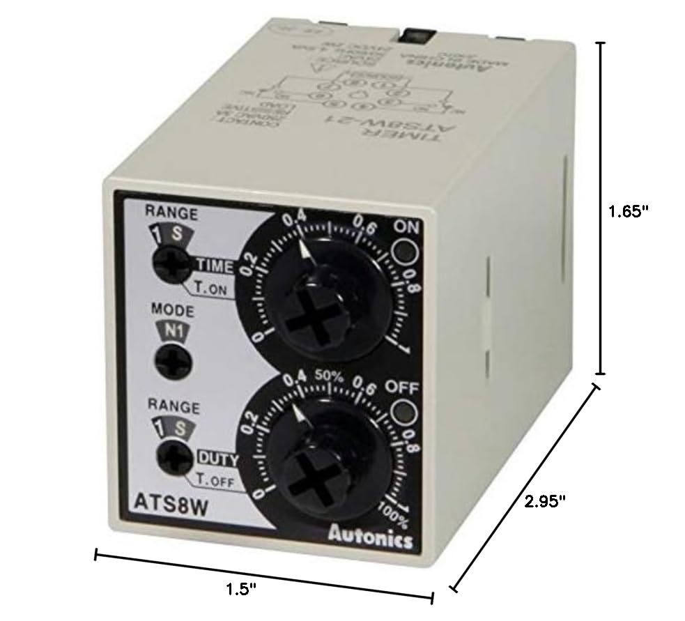 Autonics Twin Timer, 42x38x75mm, 6 Operating Modes, 0.1 Sec-10hrs Setting time, DPDT(2c) or 2 SPDT, 100-240VAC/24-240 VDC, (8 pin Socket req'd)