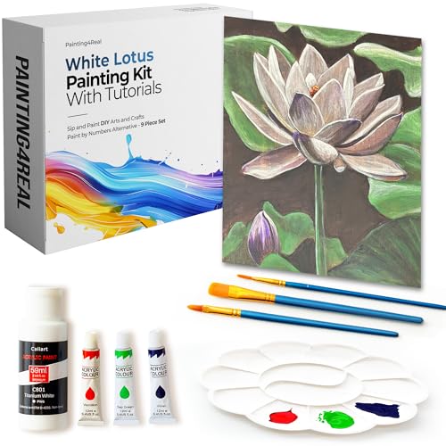 Painting4Real Kit de clase de pintura para adultos con tutoriales en video: aprende a pintar loto blanco - Cómo pintar con acrílicos - Suministros de pintura y arte - Juego de pintura acrílica de 9