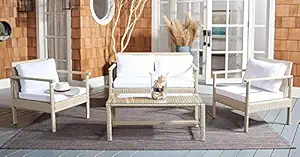 DEVOKO Outdoor Patio Furniture Set, 4-Piece Waterproof Outdoor Sofa with Washable Soft Cushion, Scratch-Proof Wicker Patio Furniture for Outdoor Garden/Balcony/Backyard, Beige and White.