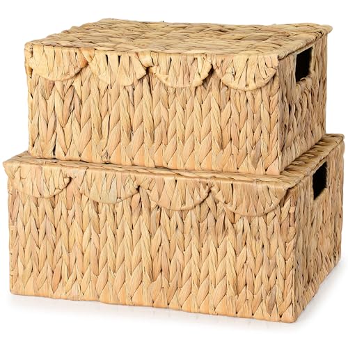 RESENSTORE Large Wicker Basket with Lid, Wicker Storage Basket with Built-in Handles, Scalloped Edge Handwoven Basket for Shelves, Natural Water Hyacinth Wicker Basket for Gifts, Set of 2