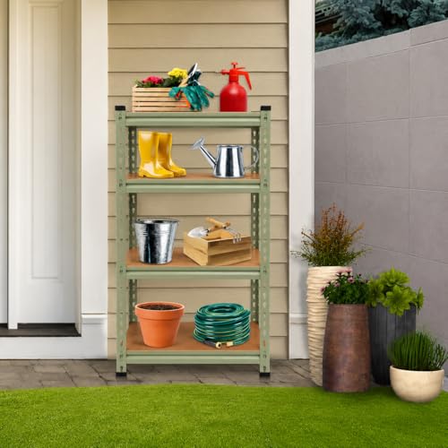 Image of BonKaso Adjustable 4-Shelf Metal Storage Rack | Heavy-Duty Steel Boltless Rivet Utility Shelving Unit for Garage, Kitchen & Office | 43 Inches Height (43 x 24 x 12 in) - Olive Green