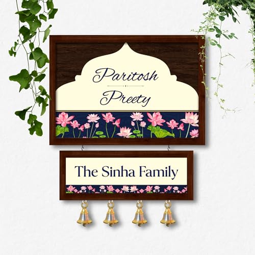 Image of Customised Name Plate for Home Entrance | Wooden Door Name Plate with Brass color Bell & Matte Finish for Home Decor | Personalized with Name & Apartment Number | Two layer Name plate | 10x14 inch | Housewarming Gift (TEAK BROWN)