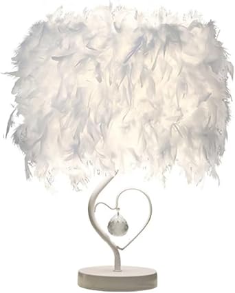 White Feather Table Lamp with Crystal Pendant and Heart-Shaped Stand, Romantic Feather Bedside Lamp, Decorative Night Light for Living Room Bedroom.S