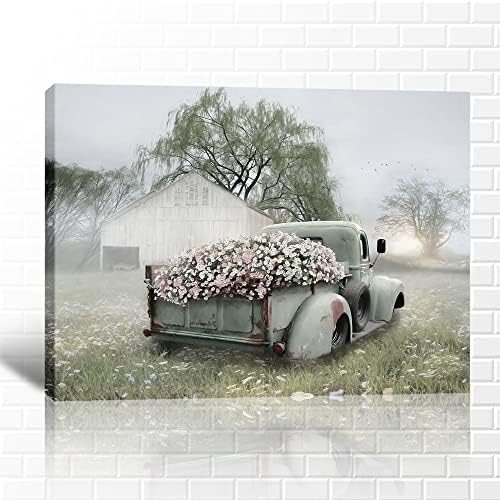 Farmhouse Truck Wall Art - Old Truck Canvas Prints, Barn Pictures Wall Art for Rustic Home Decor, Rustic Landscape Canvas Painting, Red Car Posters Framed Artwork for Country Wall Decor (12x18 Inches)
