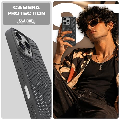 Image of Outlouders Back Cover for iPhone 16 Pro Max | Honeycomb Cooling Design | Silicone Heat Dissipation | Mag-Safe Compatible | Shockproof Camera Protection Bumper Case (Black Mag-Safe)