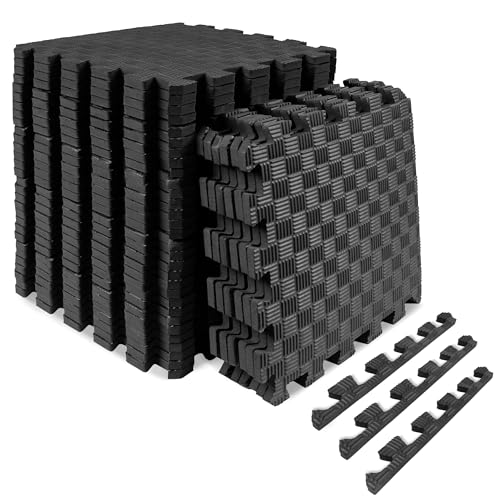 Image of ProsourceFit Exercise Puzzle Mat -inch, Checkered EVA Foam Floor Tiles w / Non-Slip Texture, Interlocking Design for Adjustable Gym Surfaces, Shock Absorbing, Black, 36 SQ FT - 36 Tiles