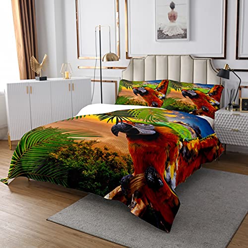 🔥 Hot Deals Erosebridal Parrot Bedspread Jungle Wild Birds Animals Bedding Set Tropical Coverlet Set for Kids Boys Girls Colorful Feather Sunset Sunrise Bed Cover with 2 Pillow Cases King Size