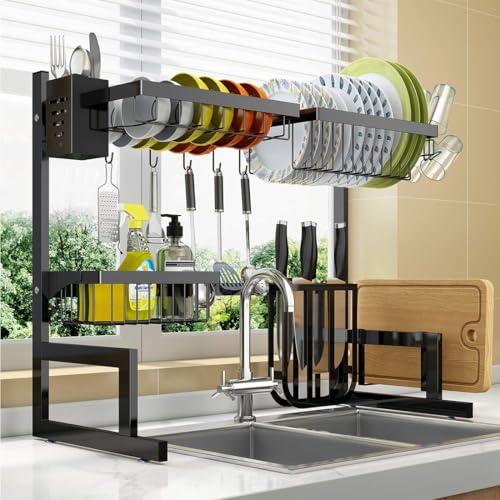 AKTJHS Eimolife Over Sink Dish Drying Rack, 2-Tier Adjustable, Stainless Steel Kitchen Counter Organizer with Hooks, Black