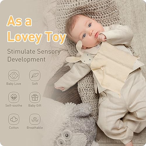 Image of Premium Soft Muslin Cotton Newborn Baby Loveys Security Blanket Muslin Soft & Breathable, Bunny & Lion Lovies for Baby New Born Boy Girl Unisex Baby Unique Neutral Presents for Babies Newborn Toddler