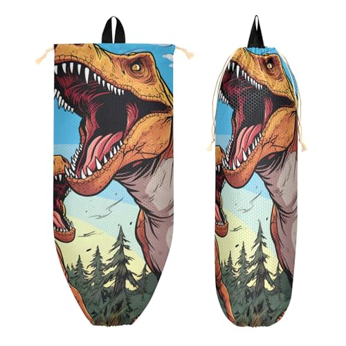 Porta sacchetti di plastica con dinosauri in stile cartone animato da appendere organizer per borsa della spesa riutilizzabile lavabile dispenser per casa e cucina confezione da 2