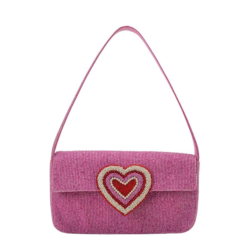 Image of Boho Girl Chic Pink Heart Embellished Fully Beaded Shoulder Bag for Women, Luxury Handbag, Ladies Bag, Tote Bag, Shoulder Bag, Designer Stylish Bag for Women