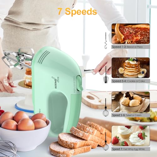 Image of LILPARTNER Hand Mixer Electric, Ultra Power Kitchen Hand Mixer With 7-Speed & 5 Stainless Steel Accessories for Whipping Dough, Cream, Cake, Dishwasher Safe, Light Green