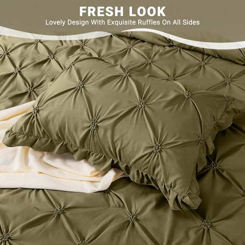 JOLLYVOGUE Olive Green Cal King Size Comforter Sets 7 Pieces, Pintuck Bed in a Bag Comforter Set for Bedroom, Bedding Comforter Sets with Comforter, Sheets, Ruffled Shams & Pillowcases