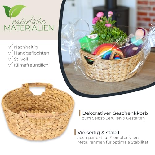 HMF Aufbewahrungskorb rund, Geschenkkorb leer geflochten aus Wasserhyazinthe mit Holzgriffen | 30 x 12 cm