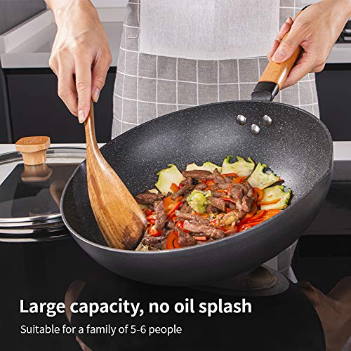 SKY LIGHT Wok Pan with Lid, 12-inch Nonstick Stir Fry Pan, 100% APEO & PFOA-Free Granite Stone Coating, Cookware Pot with Detachable Wooden Handle, Induction Compatible - Thumbnail 2